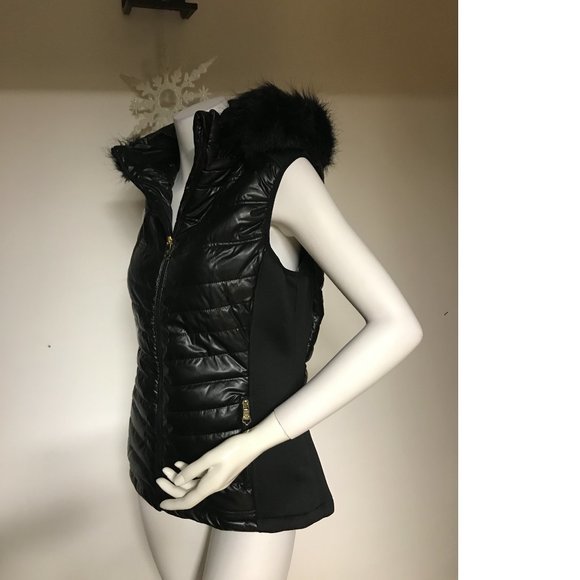 NWT Nanette Lepore Black Puffer Coat Jacket Vest Hooded Fall Winter Faux fur - Picture 2 of 10
